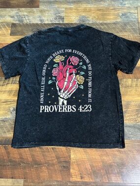 Proverbs 4:23 Black Graphic Tee with Red & Pink Heart Design